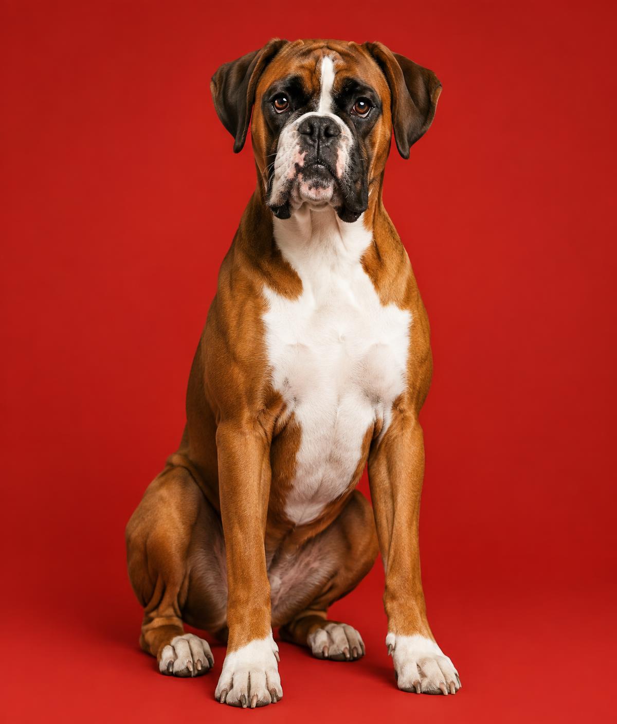 Cão boxer adulto sentado em fundo vermelho