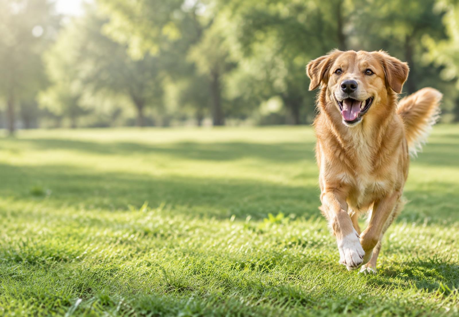 Cão feliz correndo na grama em um dia ensolarado